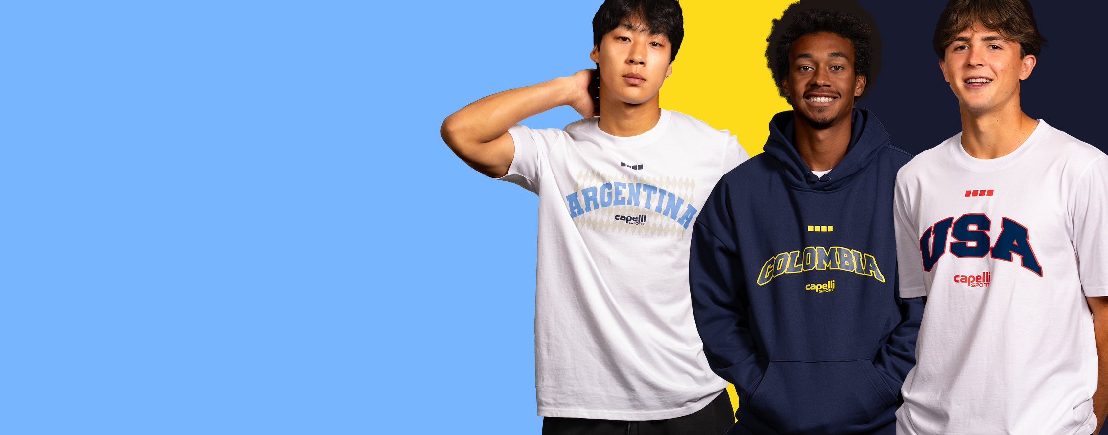 Three individuals wearing Columbia branded clothing against a blue, yellow, and black background