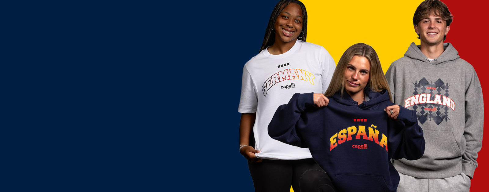 Three people wearing hoodies with text on a colorful background