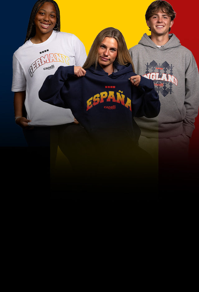 Three people wearing hoodies with text on a colorful background