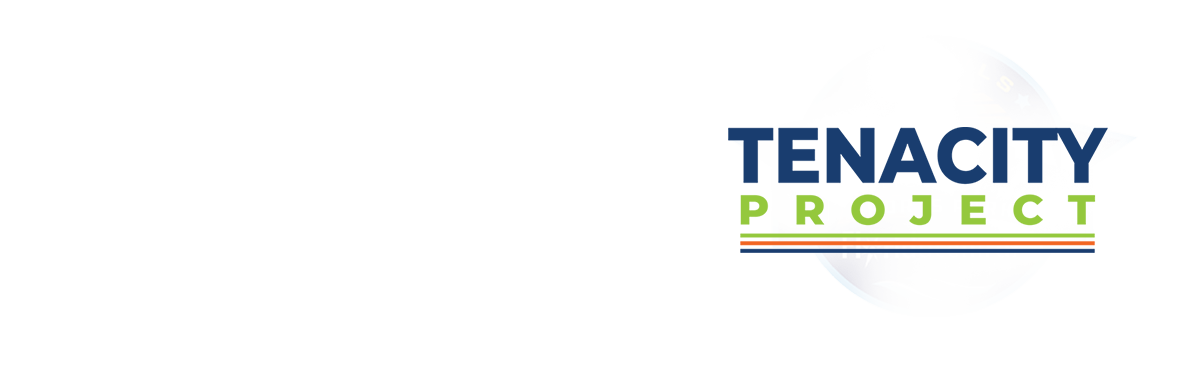 The logo for the Tenacity Project, featuring the words 'TENACITY PROJECT' in blue and green block letters with thin orange and yellow accent lines underneath, set against a solid white background.