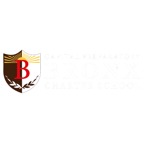 The official logo for Capital Preparatory Bronx Charter School, featuring a shield crest with a red letter 'B' on a white and brown background with gold rays, positioned to the left of the text 'CAPITAL PREPARATORY BRONX CHARTER SCHOOL' in white on a black background.
