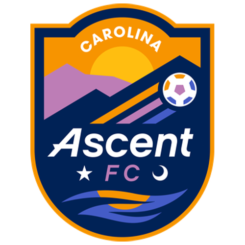 A shield-shaped Carolina Ascent FC logo with a soccer ball, mountains, sun, and stylized text.