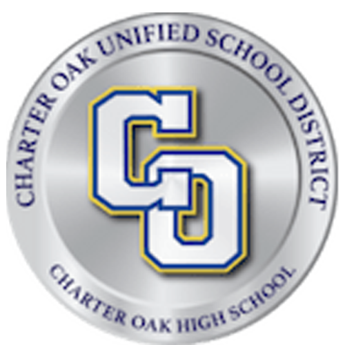 A circular silver seal with the text 'CHARTER OAK UNIFIED SCHOOL DISTRICT' around the border and 'CHARTER OAK HIGH SCHOOL' at the bottom. The center features a large stylized white 'CO' monogram outlined in blue and yellow.