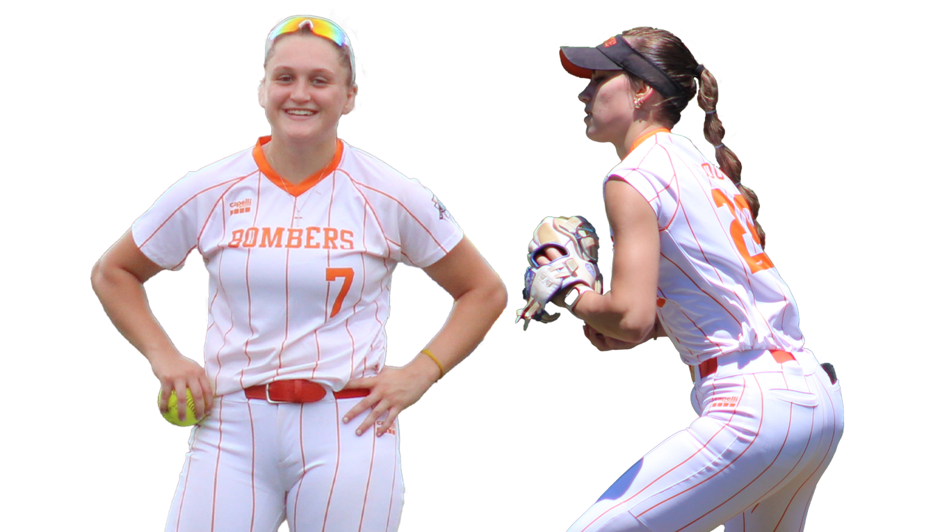 Two softball players in uniforms with 'COMBERS' and number '7' on a white background