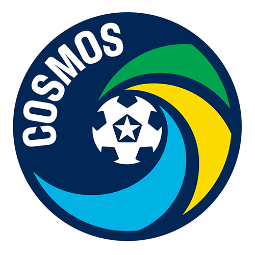 A circular logo with the word 'COSMOS' in white along the left side, featuring a soccer ball at the center surrounded by curved blue, green, and yellow swooshes on a dark navy background.