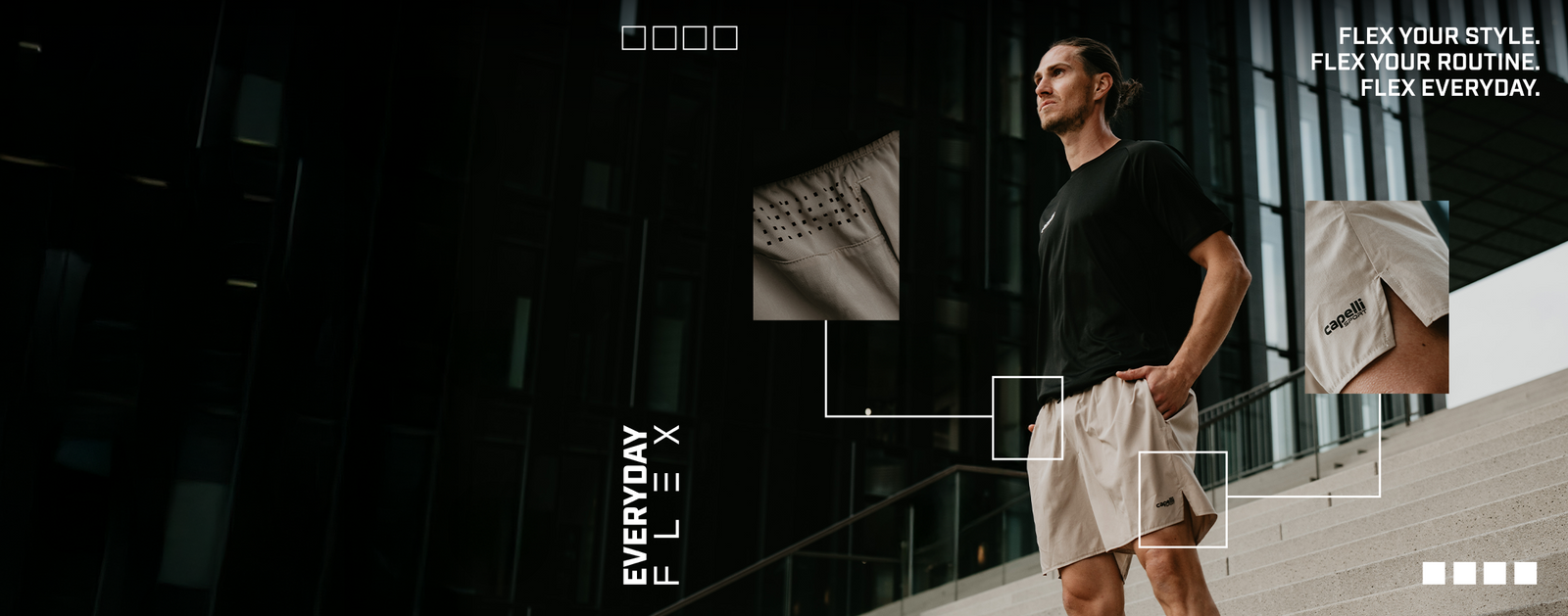 Man standing on steps with 'Everyday Flex' branding and text.
