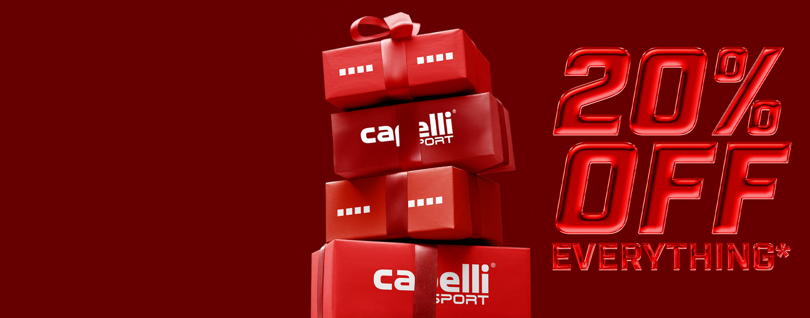 Red boxes with 'Cappelli Sport' branding and a 20% off discount offer on a red background.