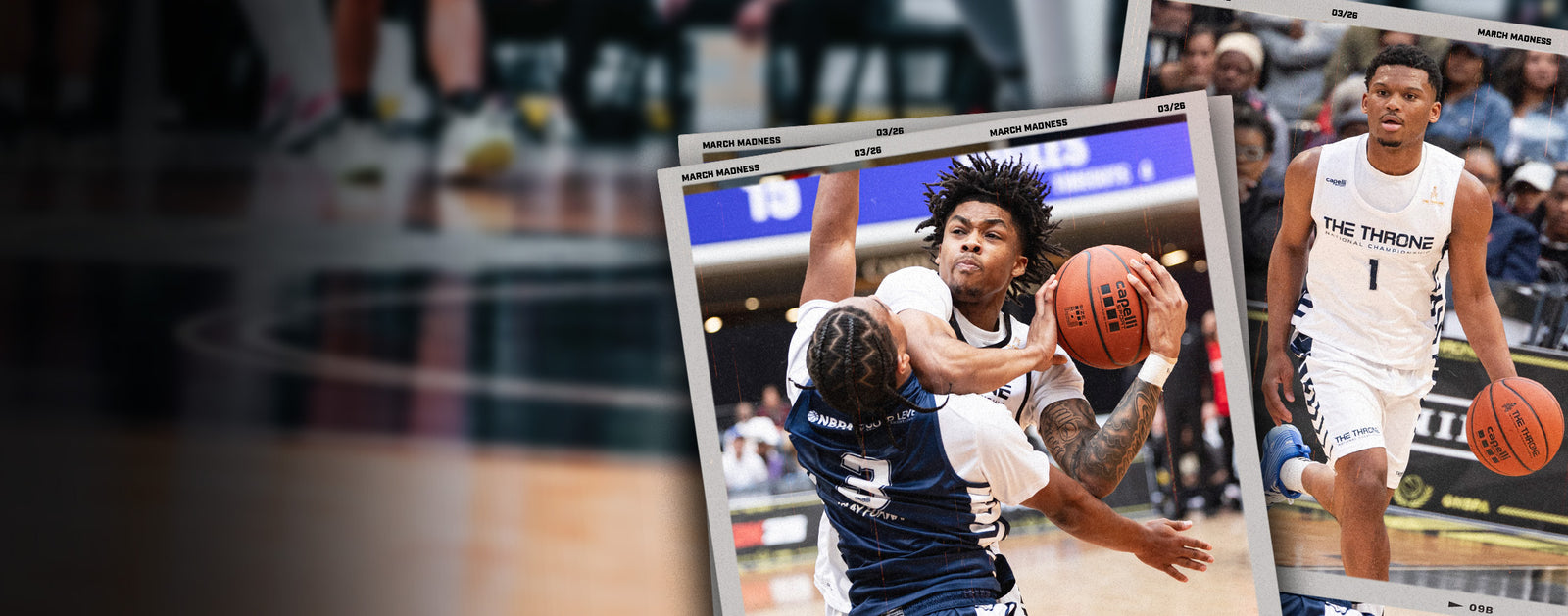 Basketball game in progress with players and a referee, featuring a close-up of a player holding a basketball.