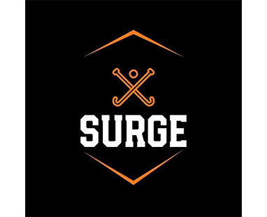 Logo with 'Surge' text and crossed sticks design on a black background