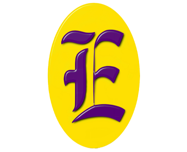 Purple letter 'E' on a yellow oval background