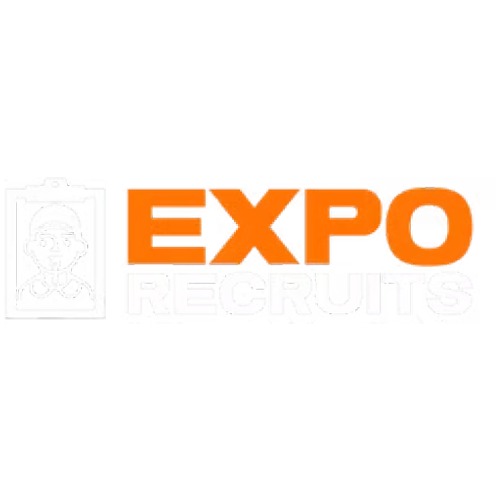 A logo featuring the word 'EXPO' in bold orange letters and 'RECRUITS' in lighter gray text beneath it, alongside a small white outline icon on the left, set against a plain white background.
