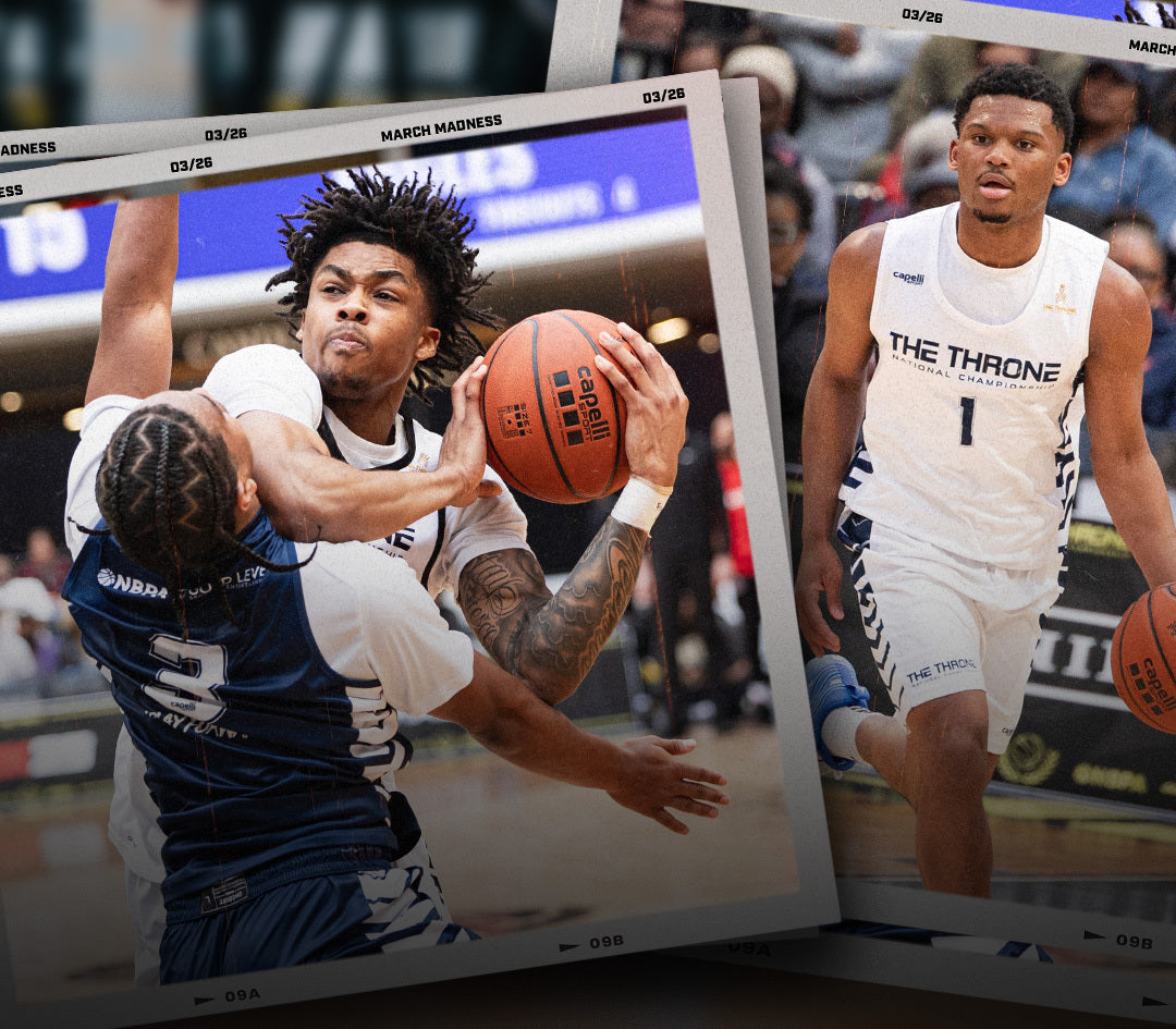 Basketball players in action with a focus on one player dribbling a ball.