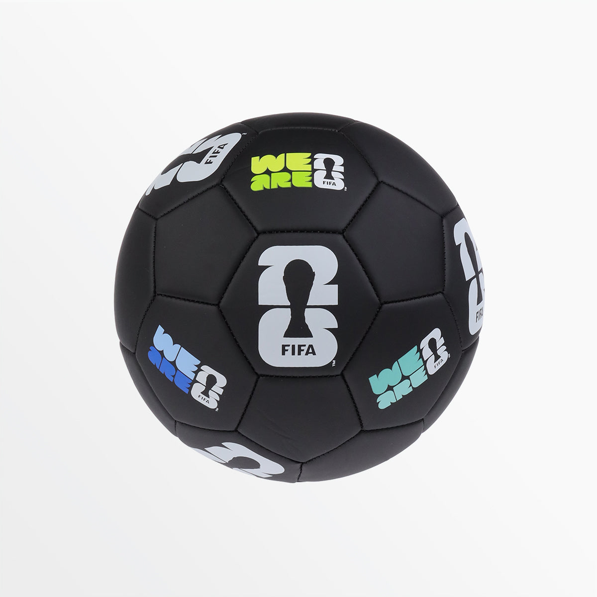 Patched black soccer ball with FIFA logo and multi-color graphic panels