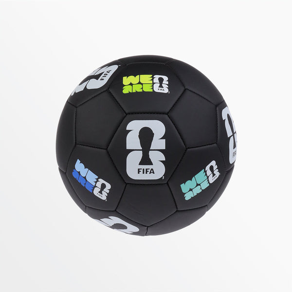 Patched black soccer ball with FIFA logo and multi-color graphic panels
