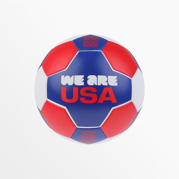 Red, white and blue soccer ball with 'WE ARE USA' graphic and pentagon panels