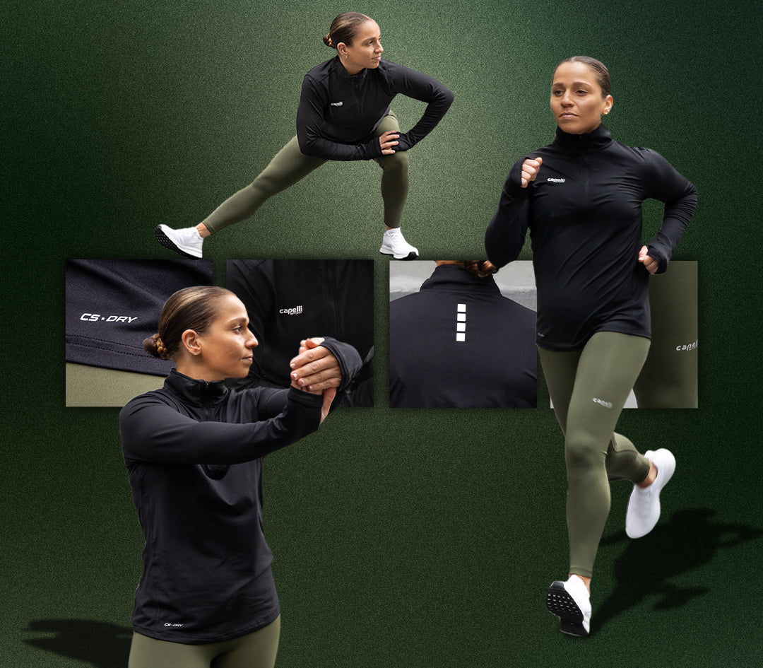 Woman in athletic wear performing various exercises on a green background with brand logos.