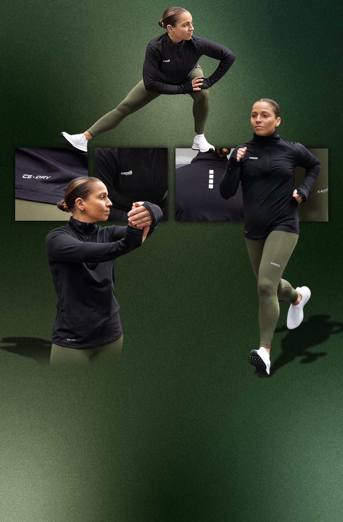 Woman in athletic wear performing various exercises on a green background with brand logos.