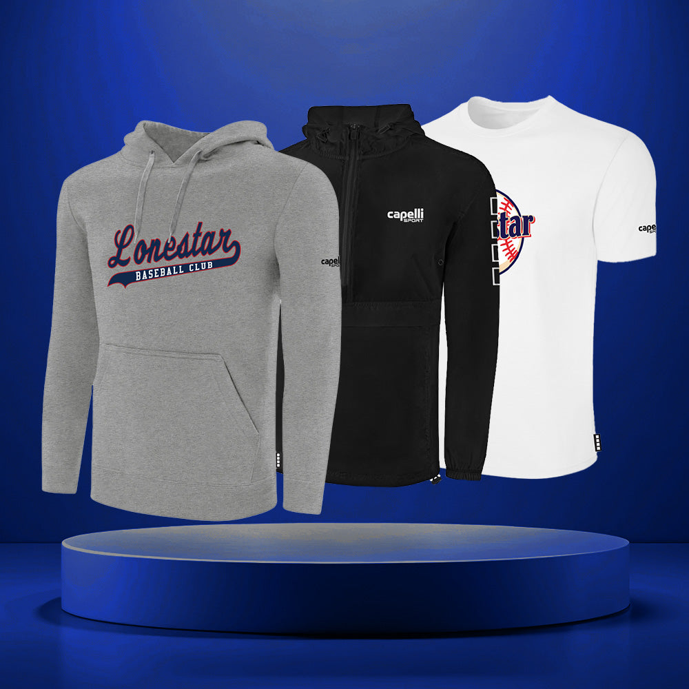 Gray hoodie, black hoodie, and white t-shirt with branding on a blue platform and background.