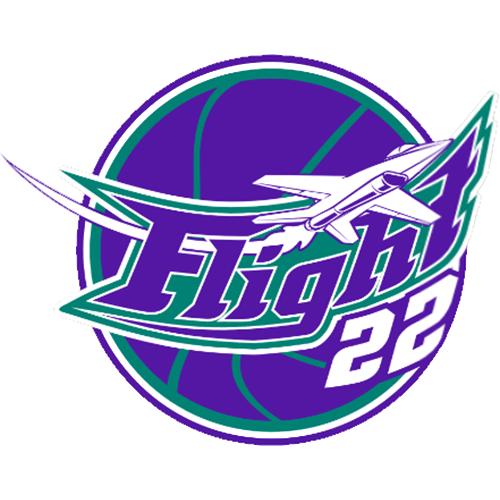 A stylized purple, white, and teal logo reading "Flight 22" with an airplane graphic over a circular basketball-like background on a white backdrop.