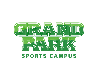Green text 'GRAND PARK SPORTS CAMPUS' on a white background