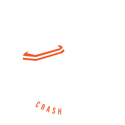 A minimalist graphic design featuring an orange stylized airplane above the word 'CRASH' in orange lowercase letters, all set against a solid white background.