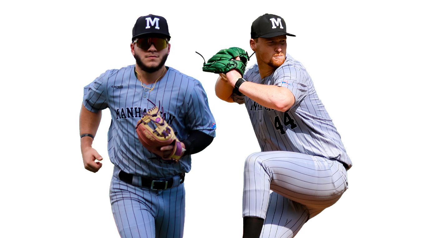 Two baseball players in Manhattan uniforms on a white background