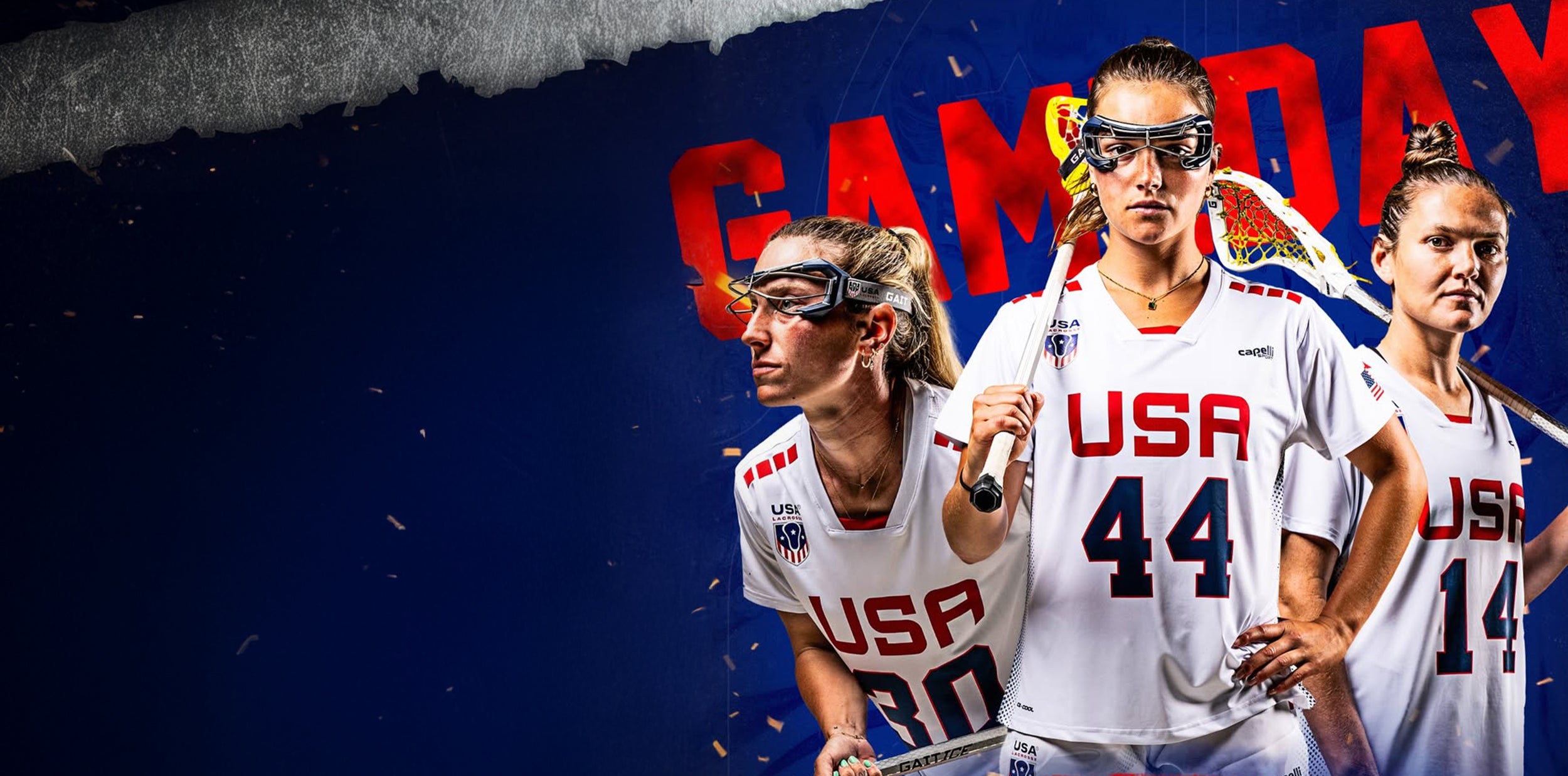 Three athletes in USA sports uniforms with 'Game Day' text in the background