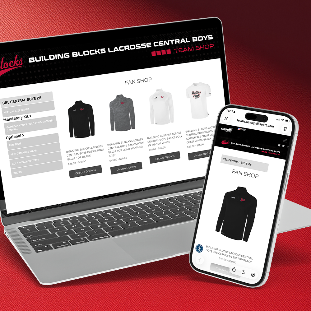 A laptop and smartphone displaying a team apparel website for Building Blocks Lacrosse Central Boys, with product thumbnails for hoodies and shirts on a red gradient background.