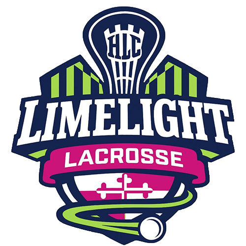 The official logo for the LELC Limelight Lacrosse team, featuring a stylized lacrosse head with a tower, green and navy stripes, bold white text reading 'LIMELIGHT', a pink banner reading 'LACROSSE', and a white ball on a green swoosh, all on a solid white background.