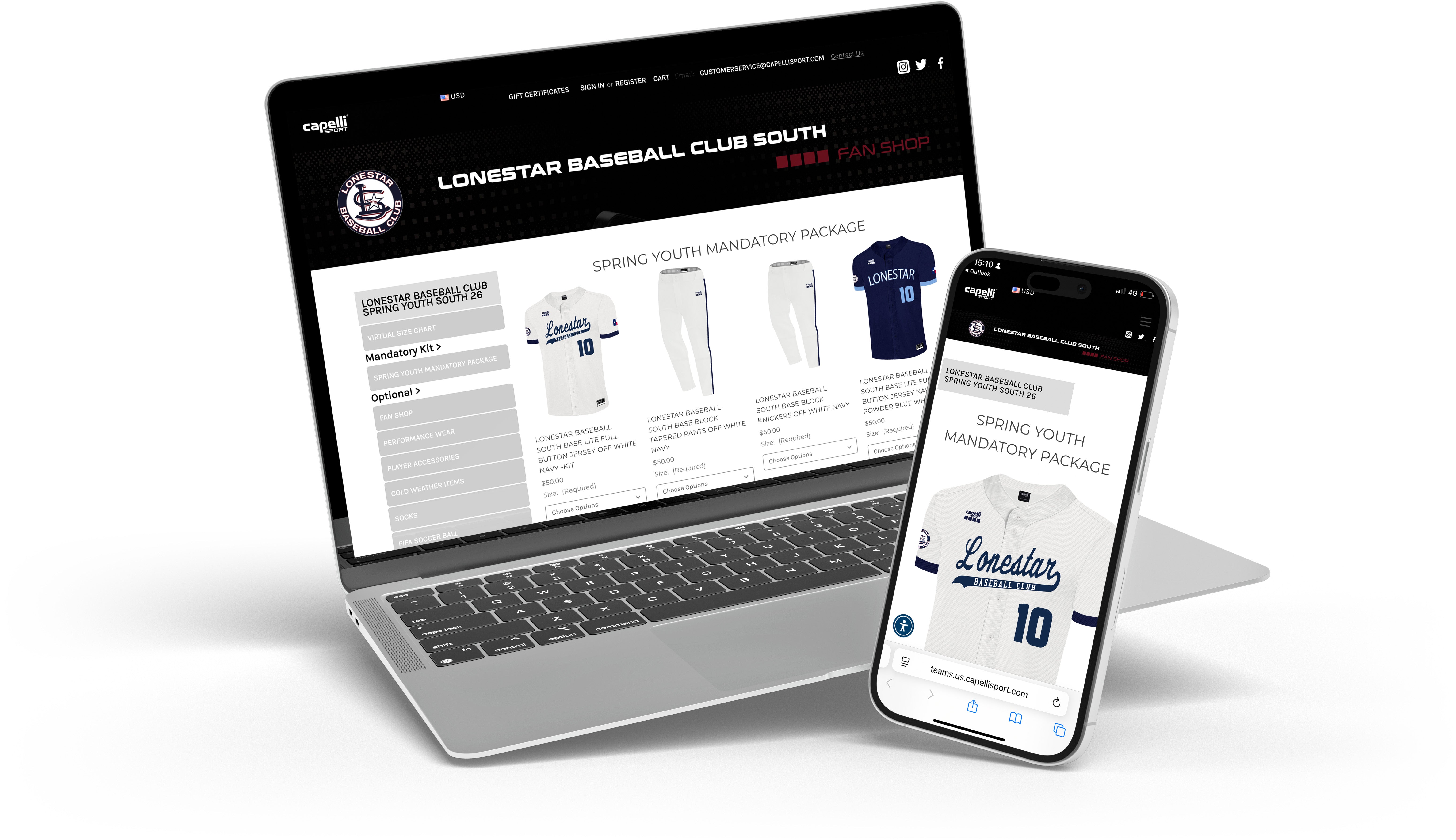 Laptop and smartphone displaying Lonestar Baseball Club South merchandise website on a white background
