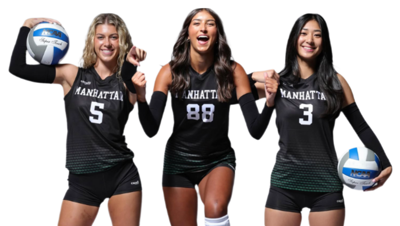 Three volleyball players in Manhattan uniforms holding volleyballs.