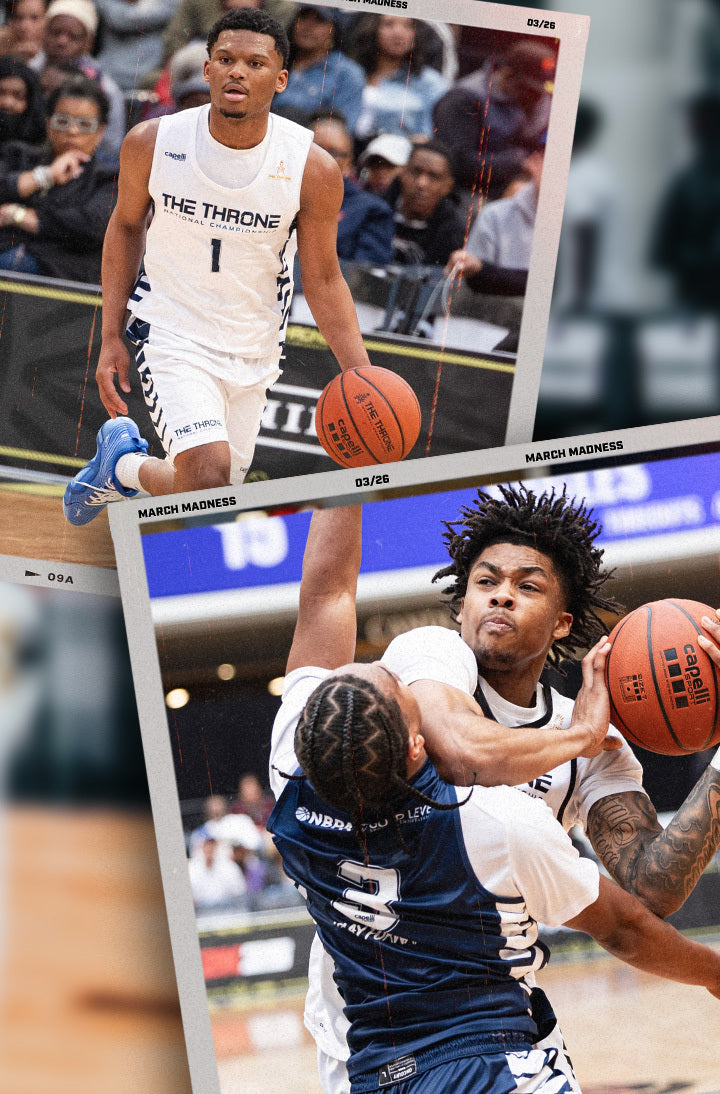 Basketball player in action with a collage of images showing him dribbling and playing.