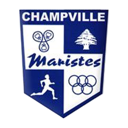 A shield-shaped emblem with the text 'CHAMPVILLE' at the top and 'Maristes' across the center, featuring blue and white sections with sports and symbolic graphics including a running figure, tree.