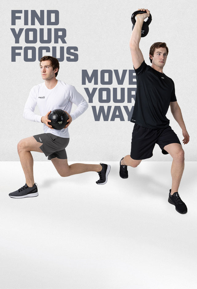 Two people exercising with kettlebells against a white background with motivational text.