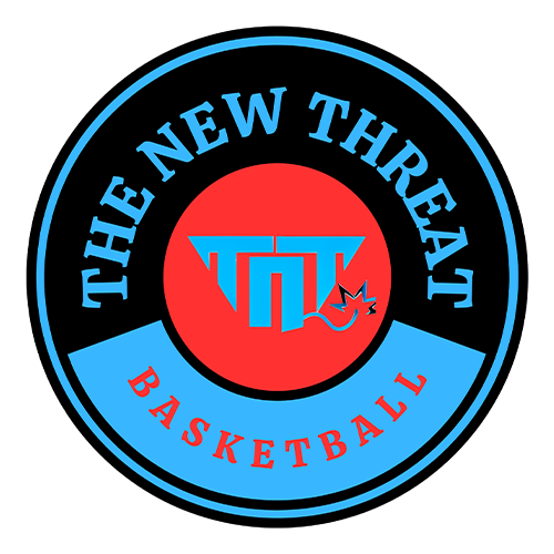 A circular logo design for 'The New Threat Basketball' featuring a black outer ring with blue text, a red center circle, and a light blue swoosh at the bottom. A stylized blue 'TNT' monogram is centered inside the red circle.
