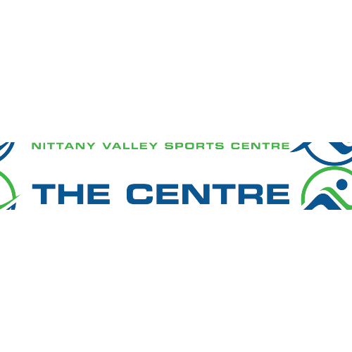 A digital graphic logo for 'Nittany Valley Sports Centre' featuring the words 'THE CENTRE' in bold blue letters, with green and blue abstract sports-themed icons on either side, set against a solid white background.
