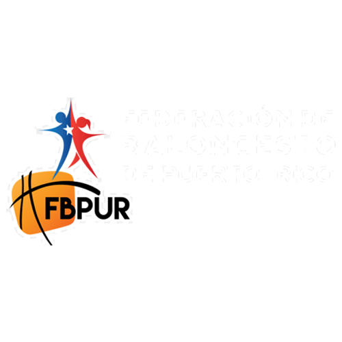 Federation of Baloncesto de Puerto Rico (FBPUR) logo featuring two stylized basketball players in blue and red above an orange basketball graphic with black 'FBPUR' text, on a white background.