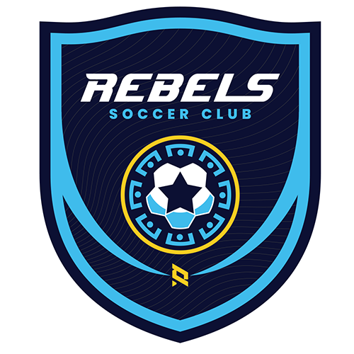 A shield-shaped soccer club logo reading "REBELS SOCCER CLUB" in white and light blue text over a dark navy background, with a stylized soccer ball and geometric emblem in the center.