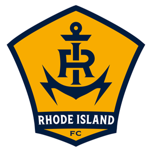 Rhode Island FC logo featuring a yellow shield with a navy blue anchor and stylized 'RI' monogram, with 'RHODE ISLAND FC' text at the bottom, on a white background.