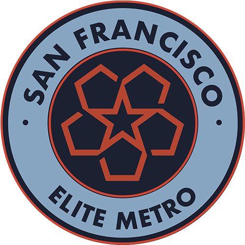 A circular San Francisco Elite Metro logo with a light blue-gray outer ring, dark navy center, and orange geometric emblem and text.