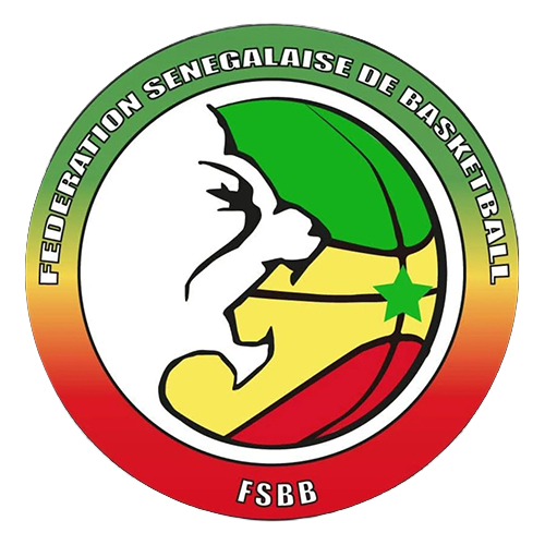 A circular logo for the Federation Senegalaise de Basketball (FSBB) featuring a stylized basketball player in green, yellow, and red with a green star, set against a white background with a green-to-red gradient outer ring.