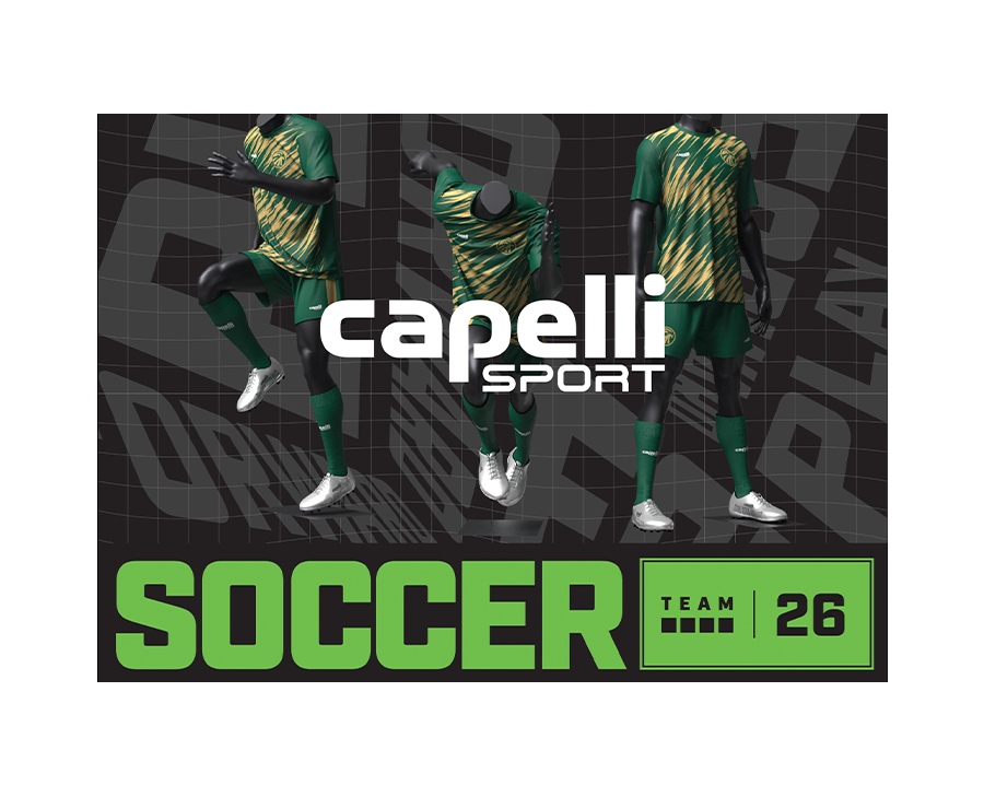 Soccer team kit graphic featuring three mannequin figures wearing a green and yellow striped jersey, green shorts, green socks, and white sneakers. The image includes the text 'capelli SPORT' and 'SOCCER TEAM 26' on a dark patterned background.