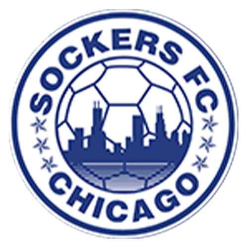Chicago Sockers FC circular logo in blue and white, featuring a soccer ball above a city skyline with the text 'SOCKERS FC' and 'CHICAGO'.