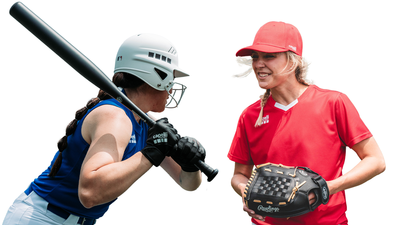 Two female baseball players, one with a bat and helmet, the other with a glove, on a white background.