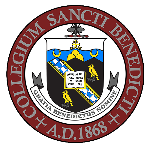 A circular emblem or seal with a dark red outer ring reading 'COLLEGIUM SANCTI BENEDICTI' and 'GRATIA BENEDICTUS NOMINE A.D.