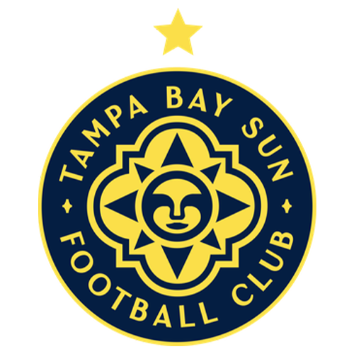 Tampa Bay Sun Football Club logo featuring a navy blue circular emblem with yellow text and a central sun motif, topped by a single yellow star on a white background.