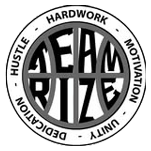 A circular black and gray graphic with stylized text reading 'TEAM RIZE' in the center and words around the border including 'HARDWORK', 'MOTIVATION', 'DEDICATION', 'UNITY', 'HUSTLE', and 'DEDIICATION'.