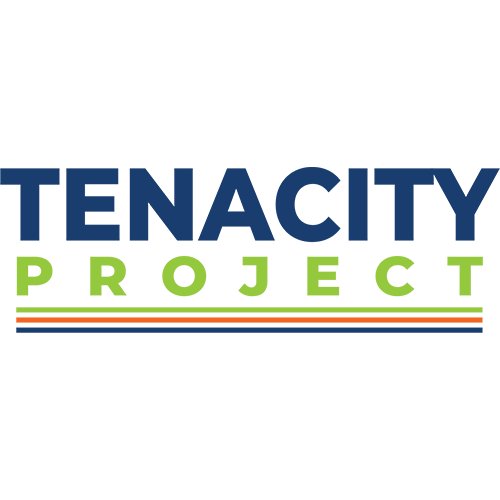 The logo for Tenacity Project, featuring the words 'TENACITY PROJECT' in bold blue and green capital letters, with three horizontal accent stripes in blue, orange, and green below the text, all on a solid white background.