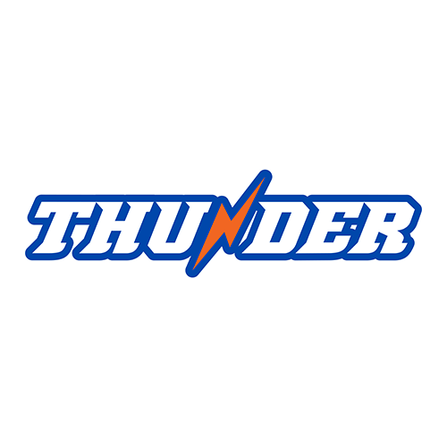 The word 'THUNDER' in bold white letters with a blue outline and an orange lightning bolt graphic, centered on a plain white background.