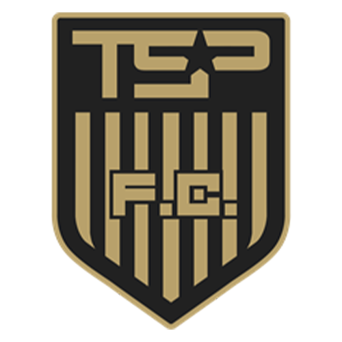 A shield-shaped emblem with a black background and tan/gold lettering and stripes, featuring the letters TSP at the top and F.C.